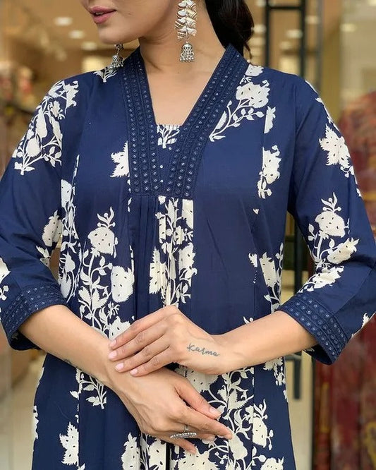 Jaipur Premium Royal Blue Cotton Printed Kurta Pant Dupatta Set