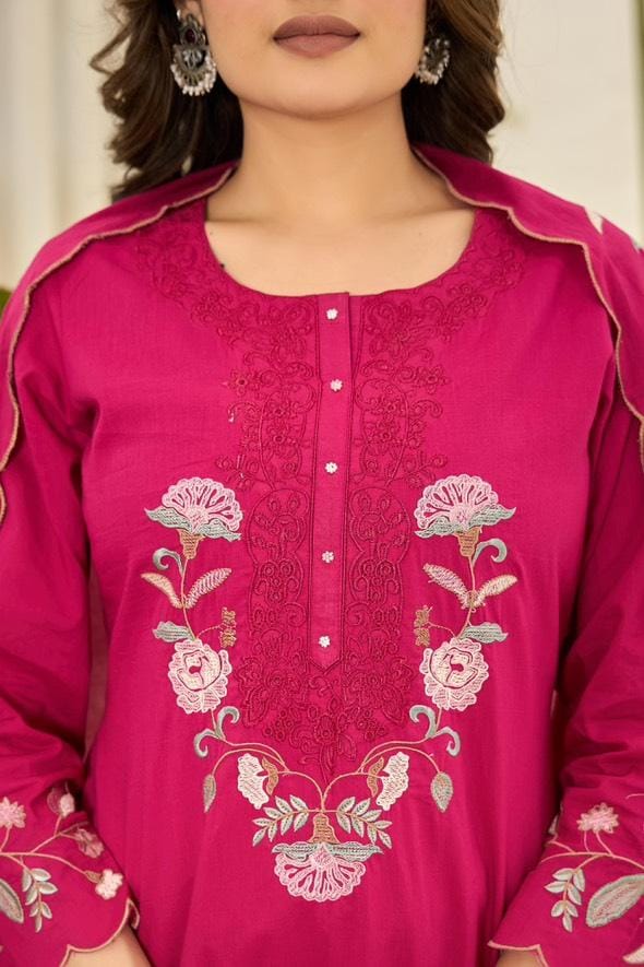 Heavy Cotton 3 Piece Suit Set With Embroidery Dupatta