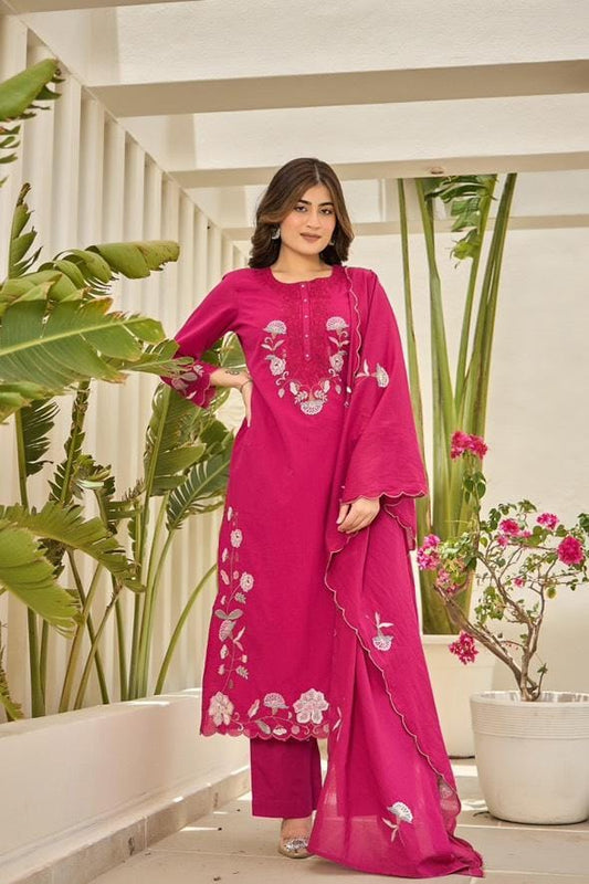 Heavy Cotton 3 Piece Suit Set With Embroidery Dupatta