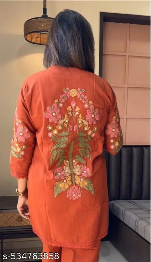 Cotton Rust Embroidered Kurti With Pant