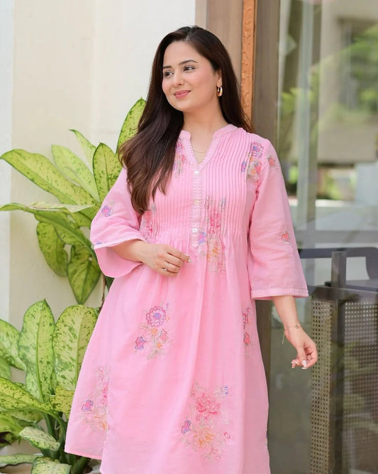 Blush Pink Premium Floral Embroidered A-Line Kurta