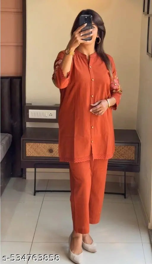 Cotton Rust Embroidered Kurti With Pant