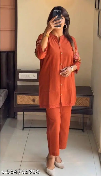 Cotton Rust Embroidered Kurti With Pant