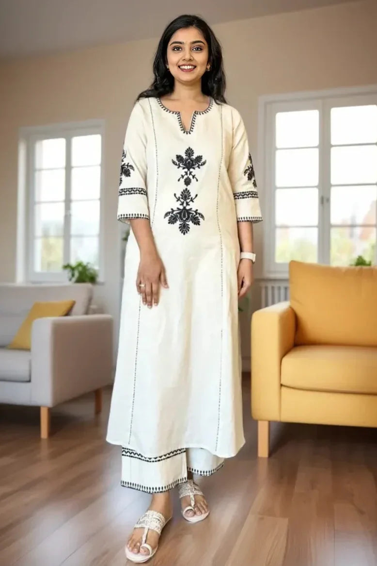 Khadi Cotton Classy, Embroidered Kurta Palazzo Set