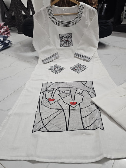 Off-white Flex Cotton Handwork Kurta Set