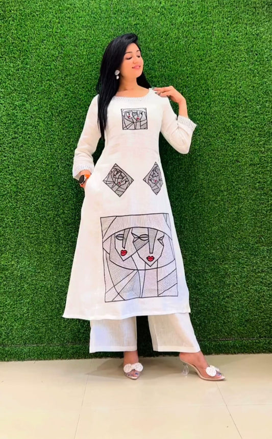Off-white Flex Cotton Handwork Kurta Set