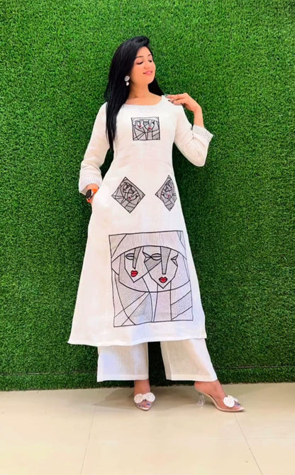 Off-white Flex Cotton Handwork Kurta Set