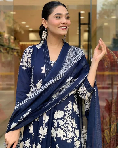 Jaipur Premium Royal Blue Cotton Printed Kurta Pant Dupatta Set