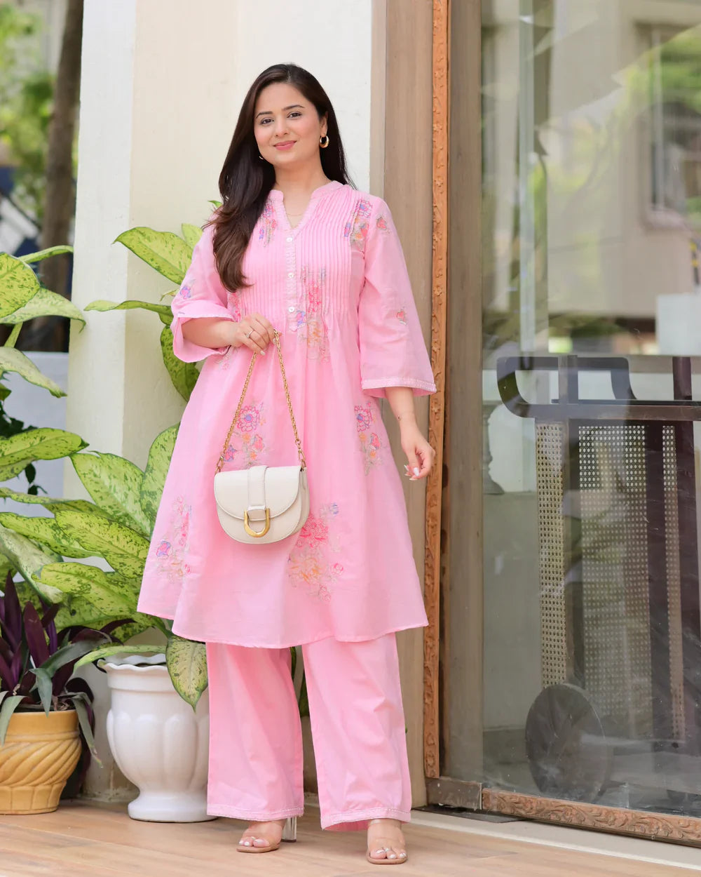 Blush Pink Premium Floral Embroidered A-Line Kurta