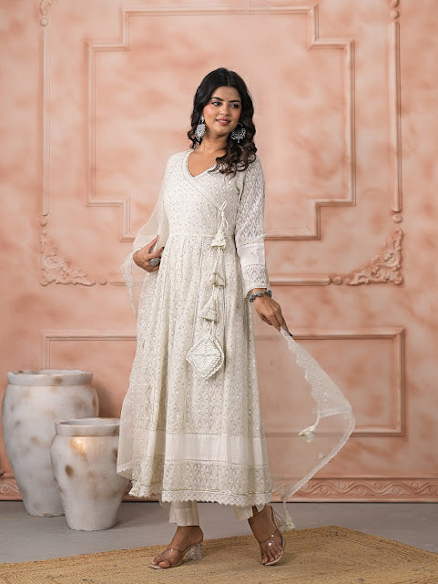 Graceful Georgette Angrakha Anarkali With Organza Dupatta And Pants