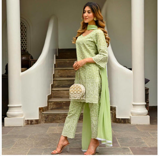 Green Color Chikankari Embroidered Kurta Set With Dupatta