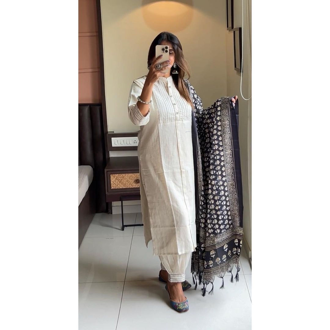 Off White Pure Cotton Khadi Kurta Set