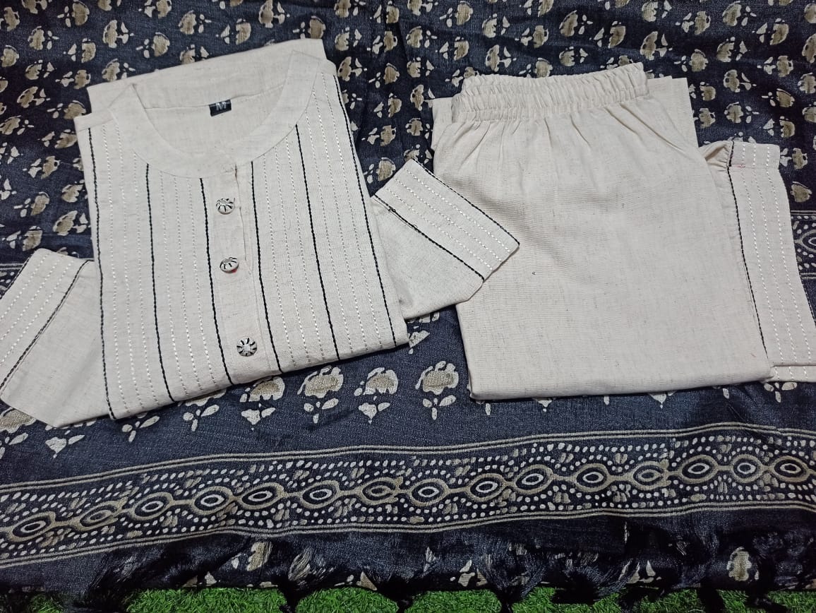 Off White Pure Cotton Khadi Kurta Set