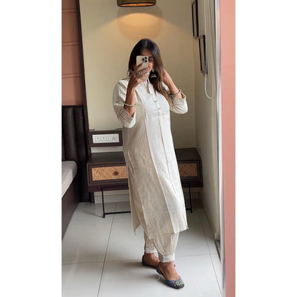 Off White Pure Cotton Khadi Kurta Set