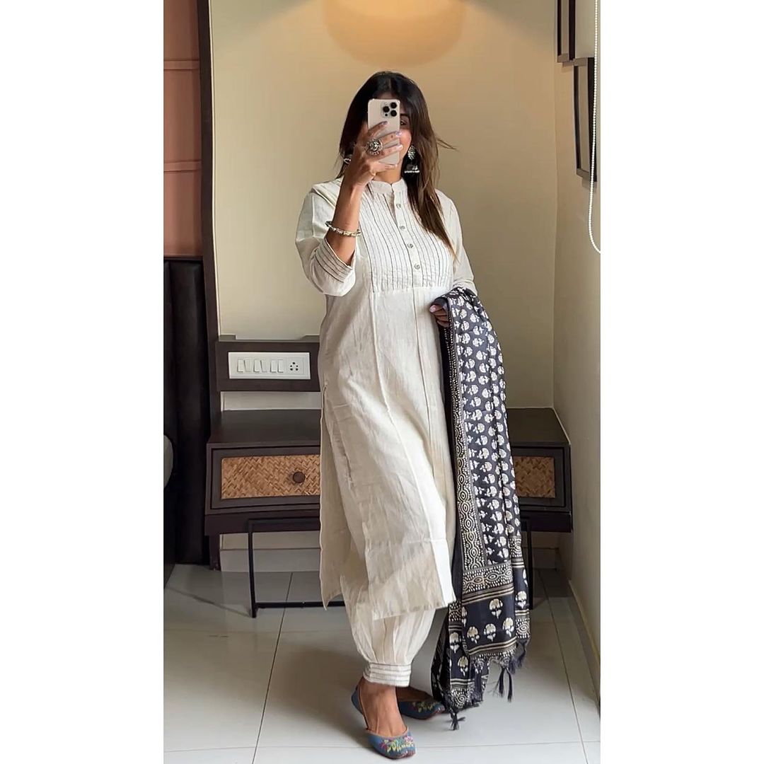 Off White Pure Cotton Khadi Kurta Set