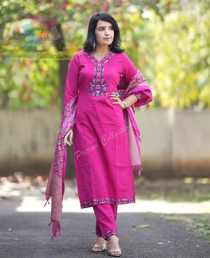 Vibrant Fuchsia Pink Embroidered Kurti Set