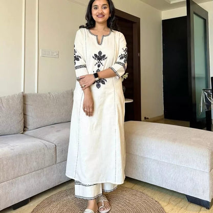 Khadi Cotton Classy, Embroidered Kurta Palazzo Set