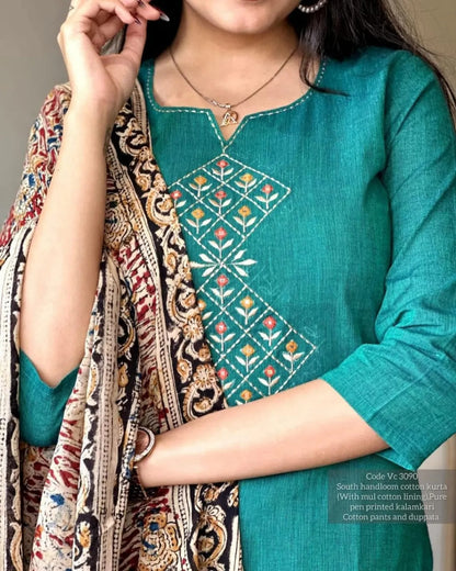 Elegant Teal South Handloom Cotton Kurta Set