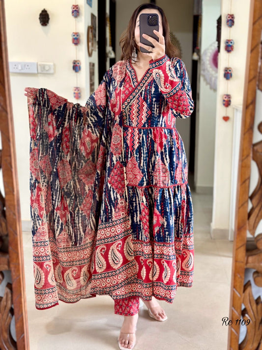 Red Cotton Printed Kurta, Pant & Dupatta Set