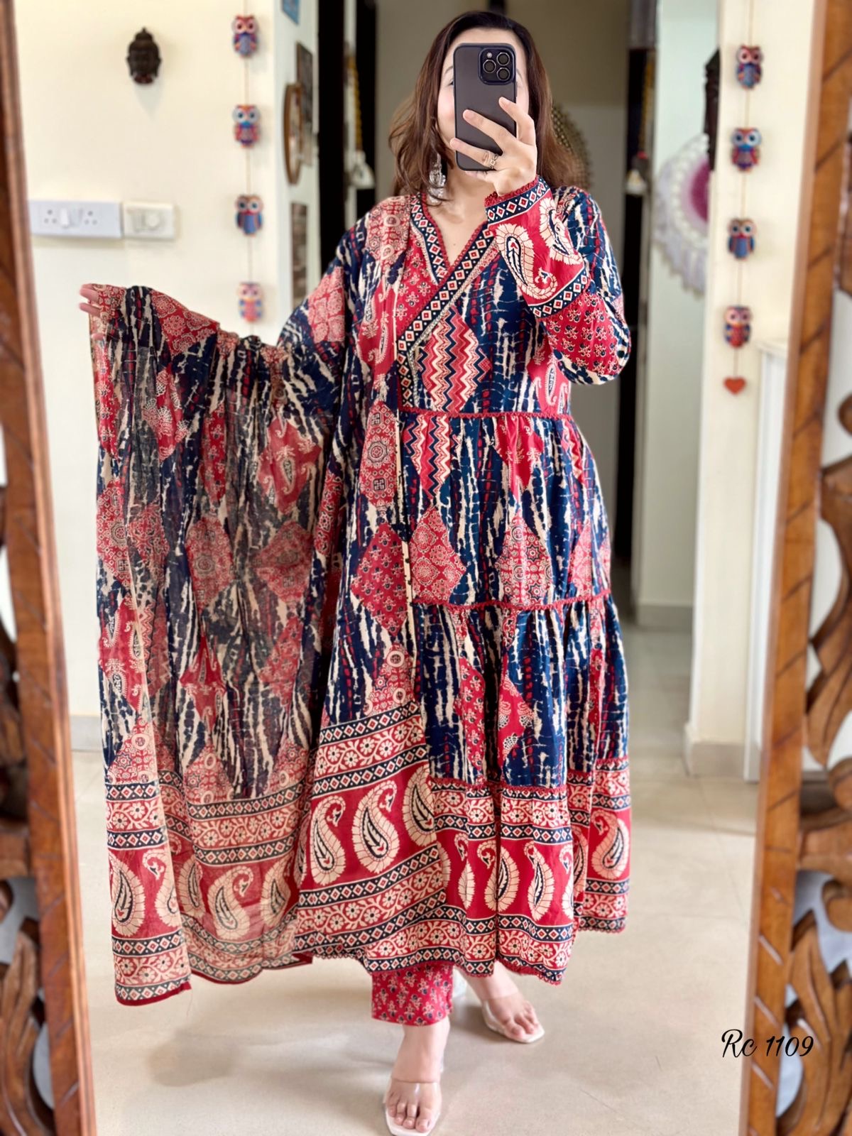 Red Cotton Printed Kurta, Pant & Dupatta Set