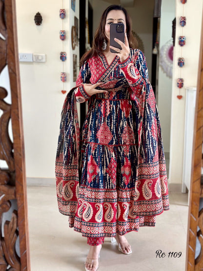 Red Cotton Printed Kurta, Pant & Dupatta Set