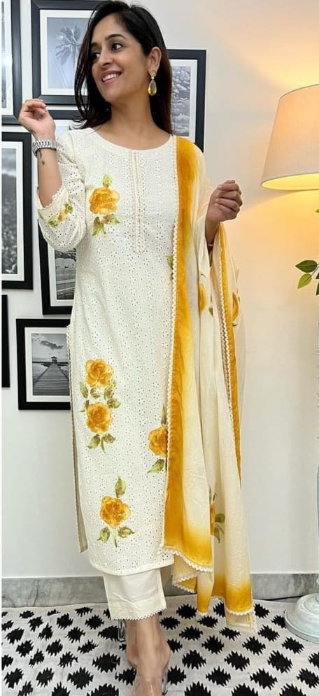 Shifli Work Hand Painted Cotton Kurti Pant And Dupatta Set