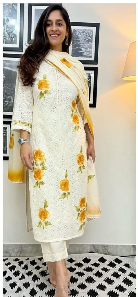 Shifli Work Hand Painted Cotton Kurti Pant And Dupatta Set