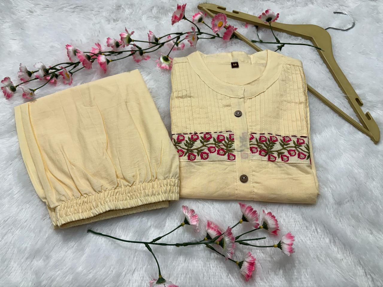 Stylish Embroidered Cotton Kurti With Pant Set