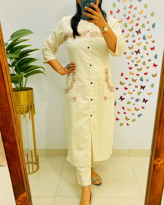 Stylish Embroidered Cotton Kurti With Pant Set