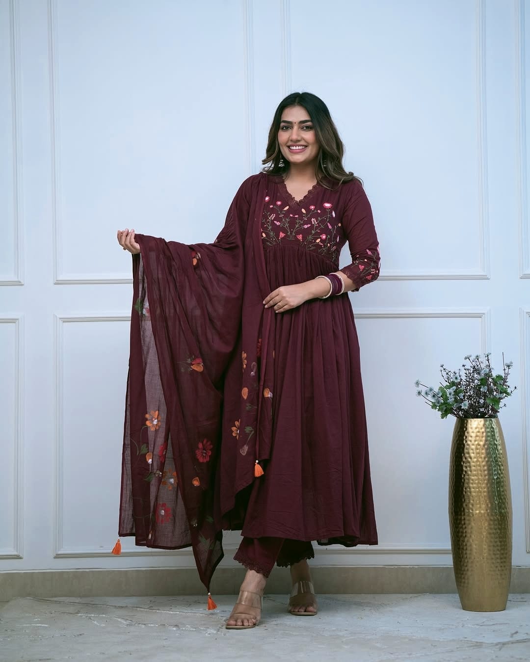 Beautiful Embroidery And Sequence Work Set For Women (Maroon)
