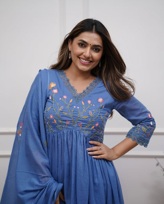 Jaipur Premium Beautiful Embroidery And Sequence Work Set For Women (Blue)