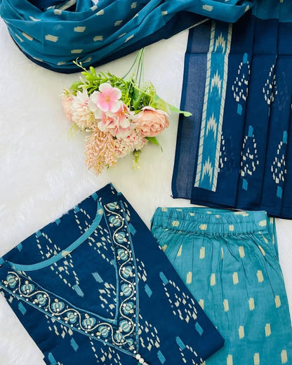 Indigo Elegant Premiuk Ikkat Kurti Set