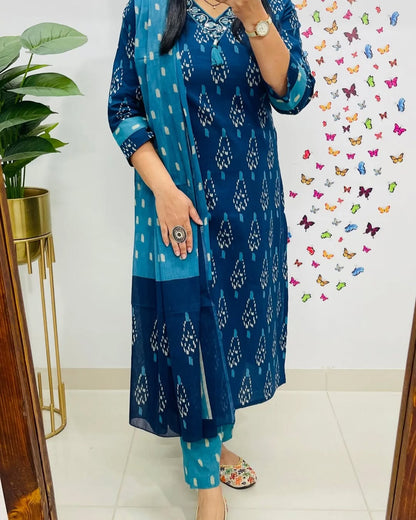 Indigo Elegant Premiuk Ikkat Kurti Set
