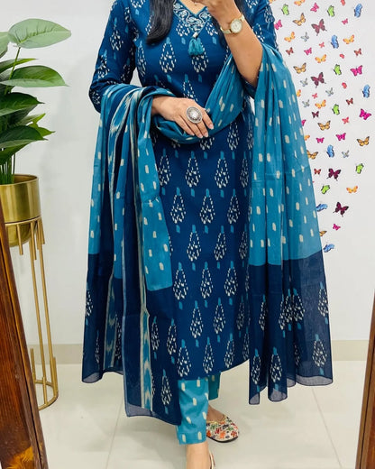 Indigo Elegant Premiuk Ikkat Kurti Set