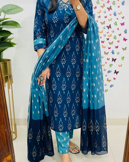 Indigo Elegant Premiuk Ikkat Kurti Set
