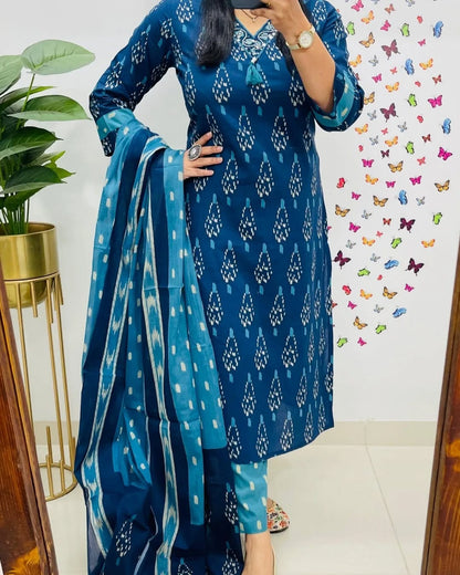 Indigo Elegant Premiuk Ikkat Kurti Set