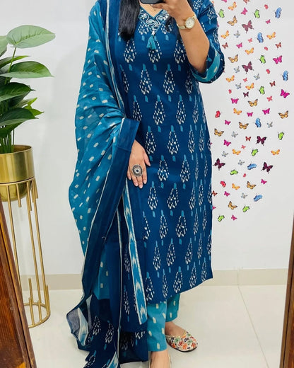 Indigo Elegant Premiuk Ikkat Kurti Set