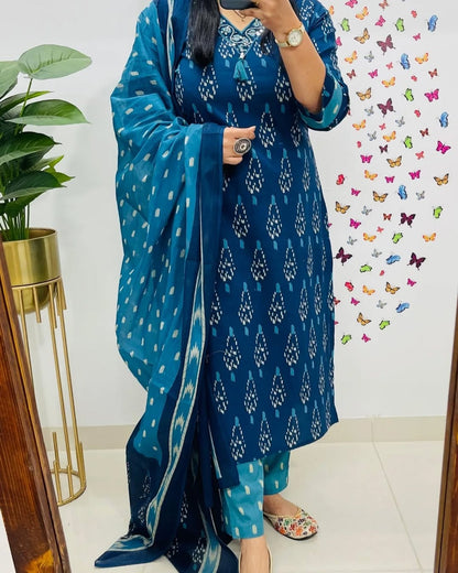 Indigo Elegant Premiuk Ikkat Kurti Set