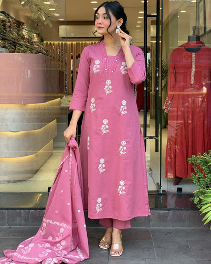 Rose Pink Floral Embroidered Kurti Set