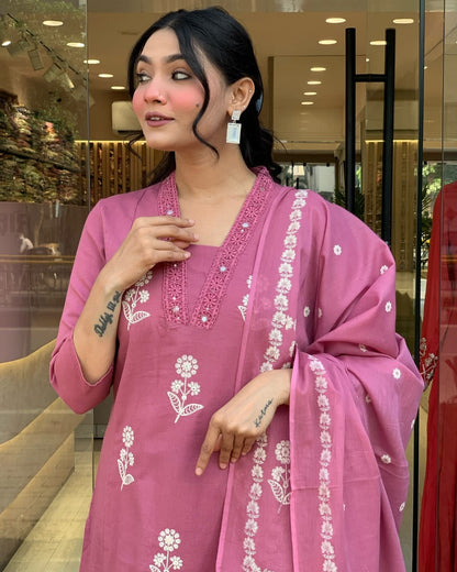 Rose Pink Floral Embroidered Kurti Set