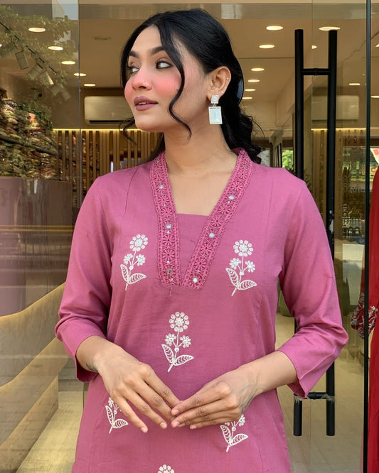 Rose Pink Floral Embroidered Kurti Set