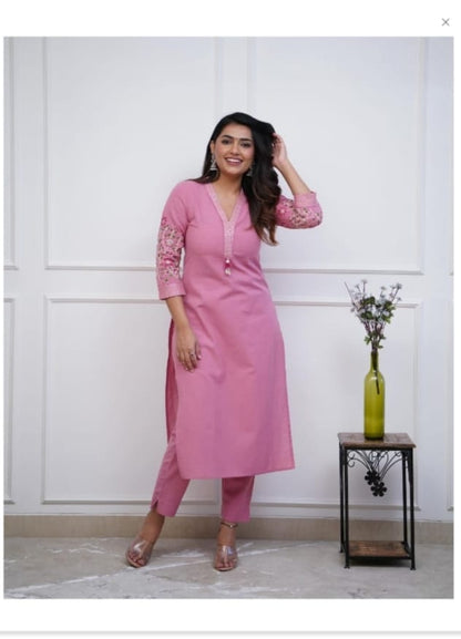 Modish Embroidered Cotton Kurta Pant Set (White)