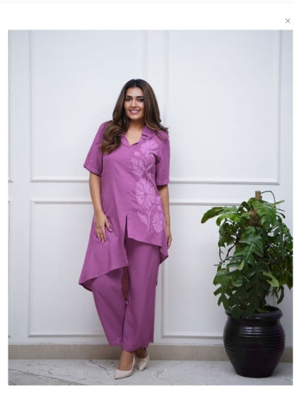 Stunning Embroidered Cotton Cord Sets (Lavender Color)