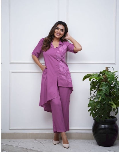 Stunning Embroidered Cotton Cord Sets (Lavender Color)