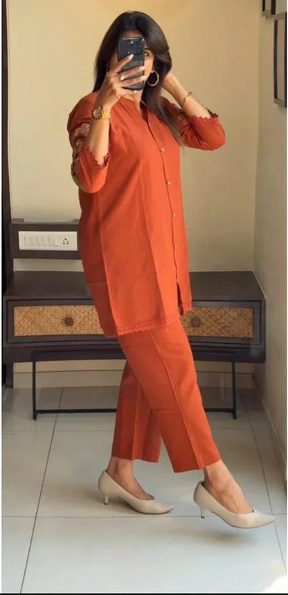 Cotton Rust Embroidered Kurti With Pant