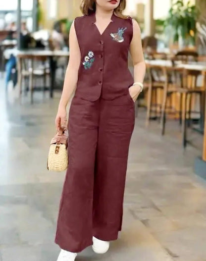Chic Maroon Embroidered Sleeveless Co-Ord Set For Women