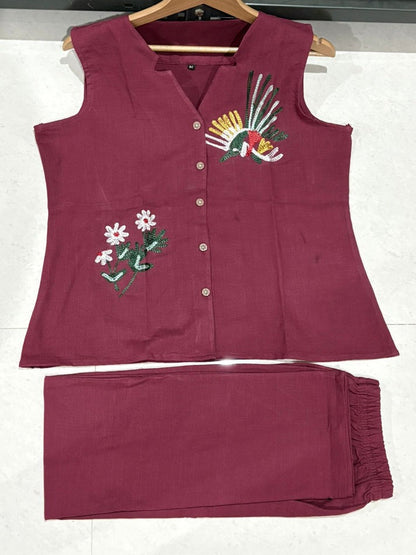 Chic Maroon Embroidered Sleeveless Co-Ord Set For Women