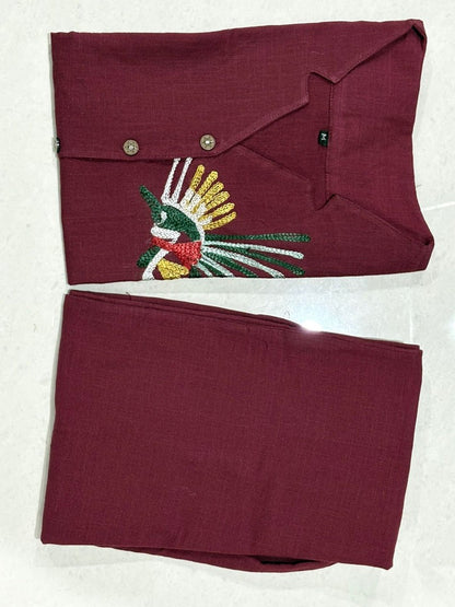 Chic Maroon Embroidered Sleeveless Co-Ord Set For Women
