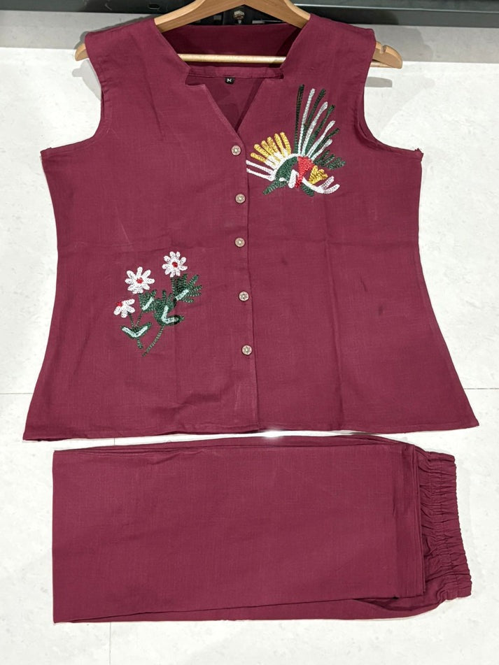 Chic Maroon Embroidered Sleeveless Co-Ord Set For Women