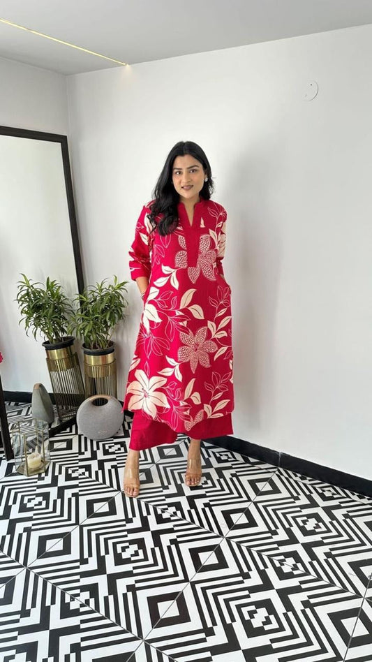 Bold Premium Floral Fuchsia Kurti Set